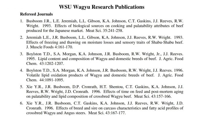 Washington State University (“WSU”) Index Of Wagyu Research Papers